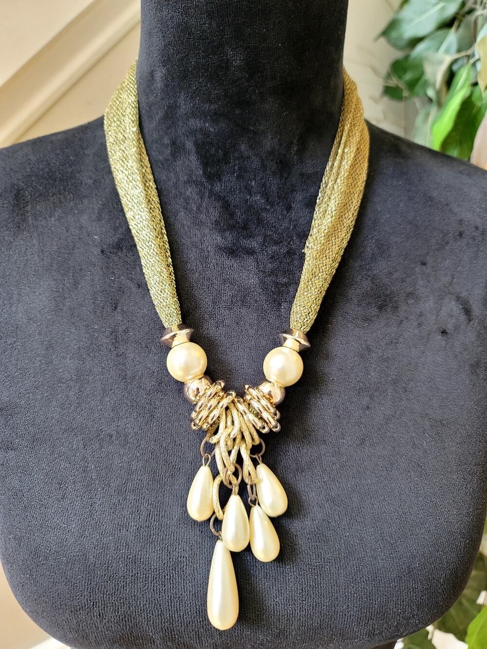 Gold Tone Mesh Multi-Strand Necklace with Ivory Teardrop Dangles Statement